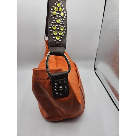 Gianni Bini Womens Zip Top Orange‎ Solid Leather Shoulder Handbag Jewel Strap - Picture 3 of 14